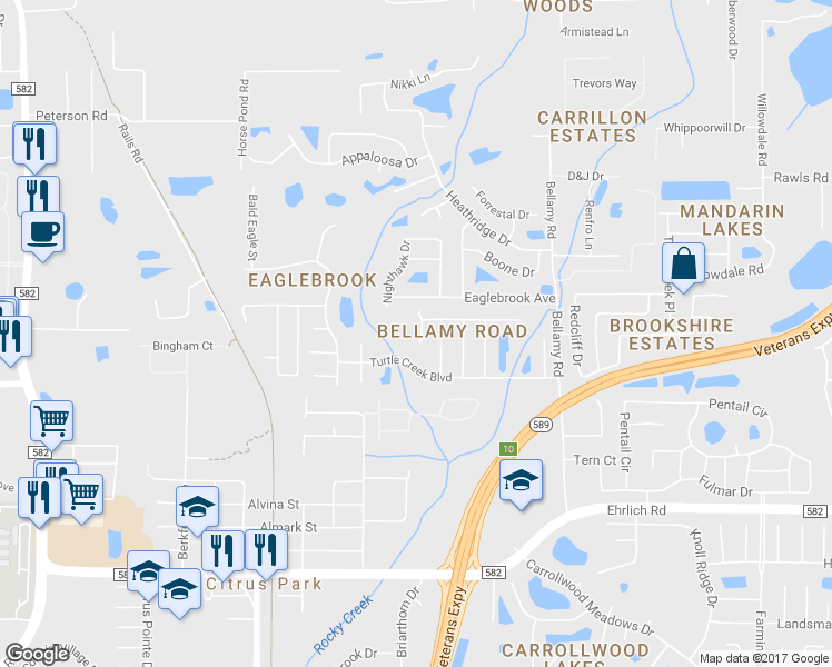 map of restaurants, bars, coffee shops, grocery stores, and more near 6517 Spring Oak Court in Tampa