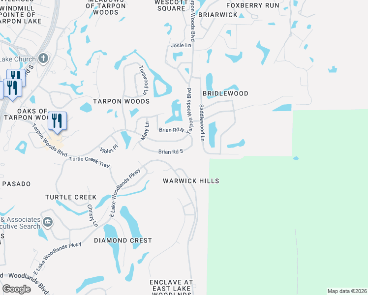 map of restaurants, bars, coffee shops, grocery stores, and more near 3418 Tarpon Woods Boulevard in Palm Harbor