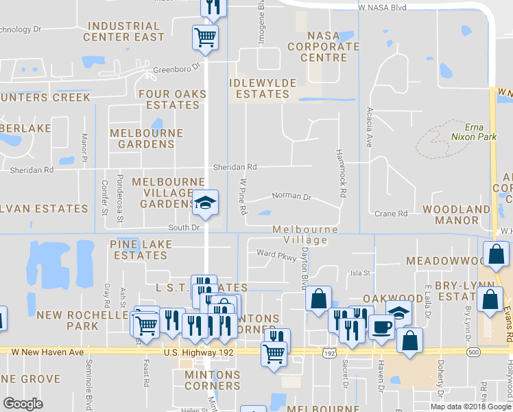 map of restaurants, bars, coffee shops, grocery stores, and more near 6831 Norman Drive in Melbourne