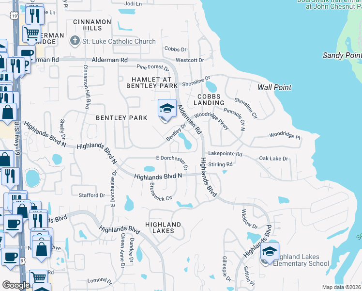 map of restaurants, bars, coffee shops, grocery stores, and more near 3265 Haviland Court in Palm Harbor