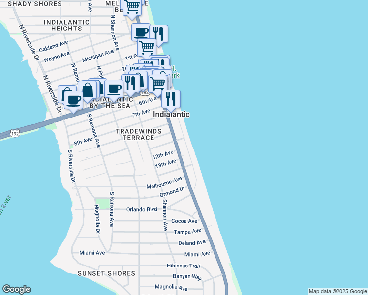 map of restaurants, bars, coffee shops, grocery stores, and more near 700 Wave Crest Avenue in Indialantic
