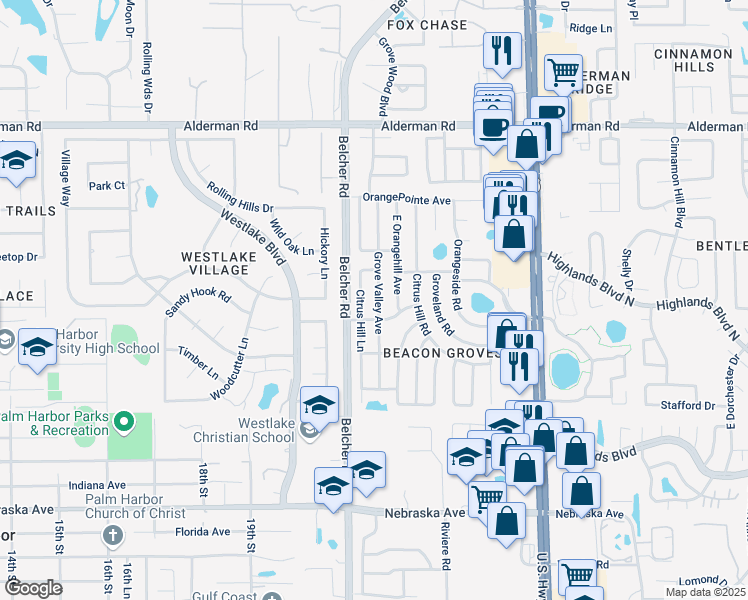 map of restaurants, bars, coffee shops, grocery stores, and more near 2120 Grove Valley Avenue in Palm Harbor