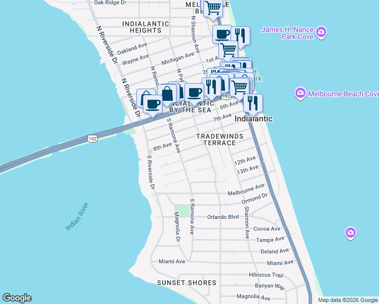 map of restaurants, bars, coffee shops, grocery stores, and more near 306 9th Terrace in Indialantic