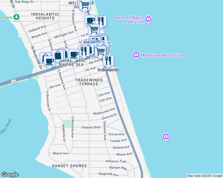 map of restaurants, bars, coffee shops, grocery stores, and more near 700 Wave Crest Avenue in Indialantic