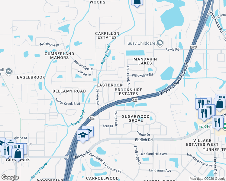 map of restaurants, bars, coffee shops, grocery stores, and more near 14922 Greeley Drive in Tampa