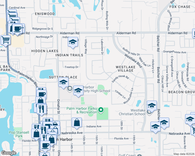 map of restaurants, bars, coffee shops, grocery stores, and more near 821 Hillside Drive in Palm Harbor