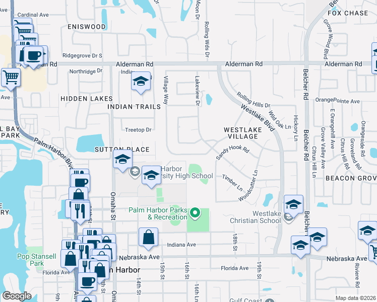 map of restaurants, bars, coffee shops, grocery stores, and more near 821 Hillside Drive in Palm Harbor