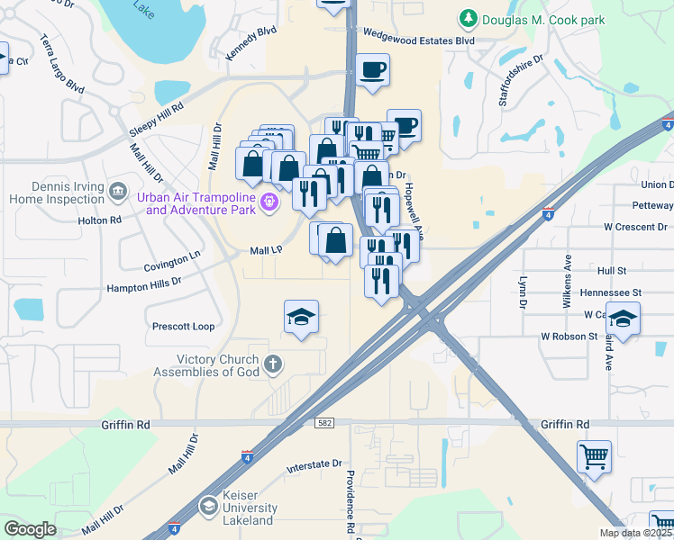 map of restaurants, bars, coffee shops, grocery stores, and more near 3530 US Highway 98 North in Lakeland