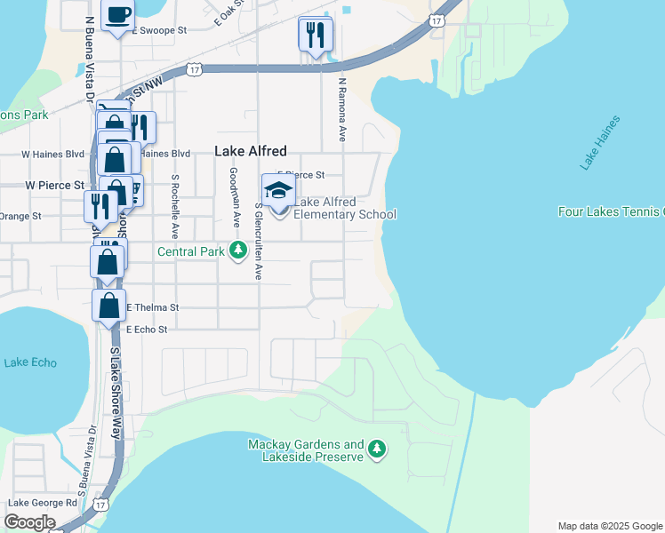 map of restaurants, bars, coffee shops, grocery stores, and more near 660 North Todhunter Way in Lake Alfred