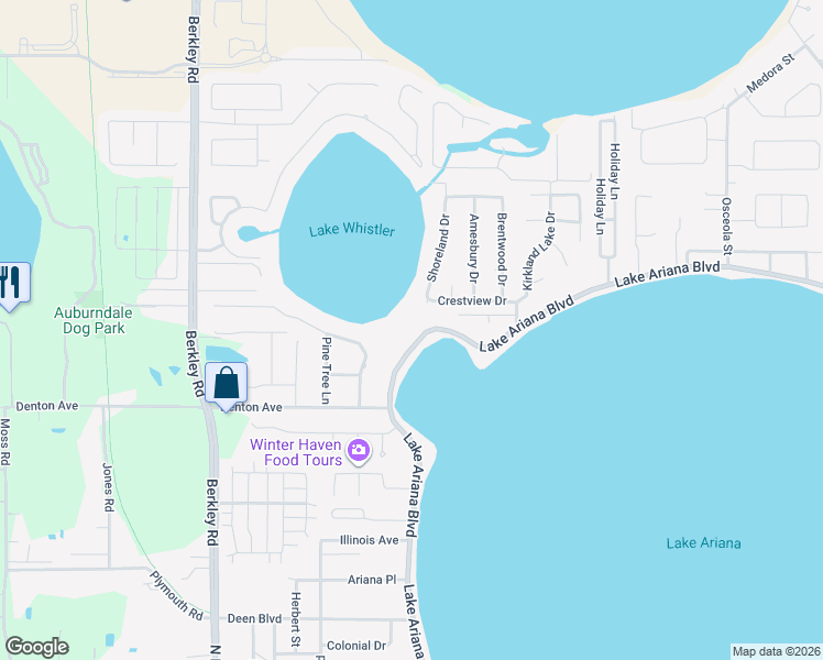 map of restaurants, bars, coffee shops, grocery stores, and more near 2066 Ariana Boulevard in Auburndale