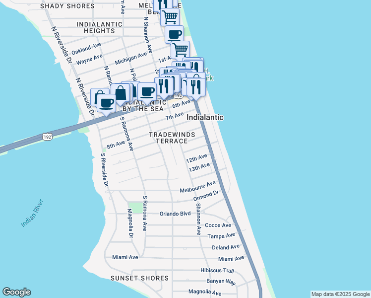 map of restaurants, bars, coffee shops, grocery stores, and more near 142 11th Avenue in Indialantic