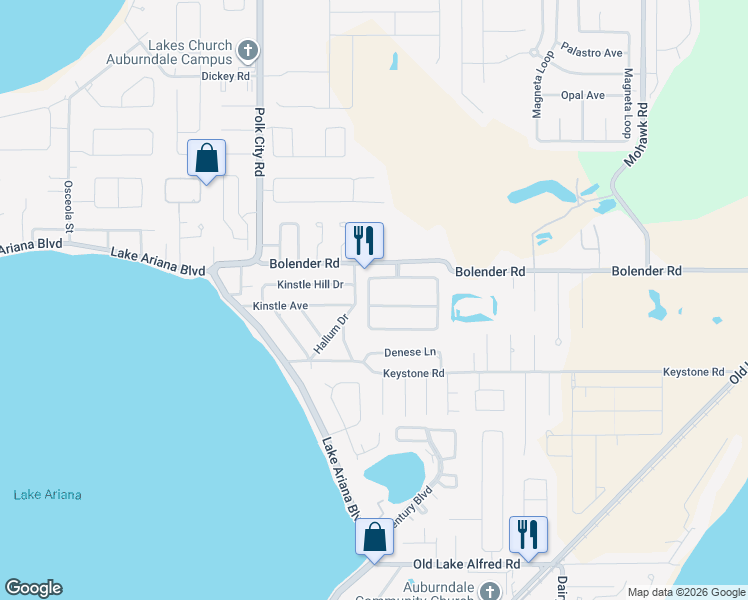 map of restaurants, bars, coffee shops, grocery stores, and more near 101 Pine Rustle Lane in Auburndale