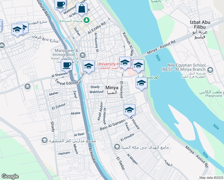 map of restaurants, bars, coffee shops, grocery stores, and more near in Minya