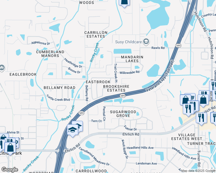 map of restaurants, bars, coffee shops, grocery stores, and more near 15011 Greeley Drive in Tampa