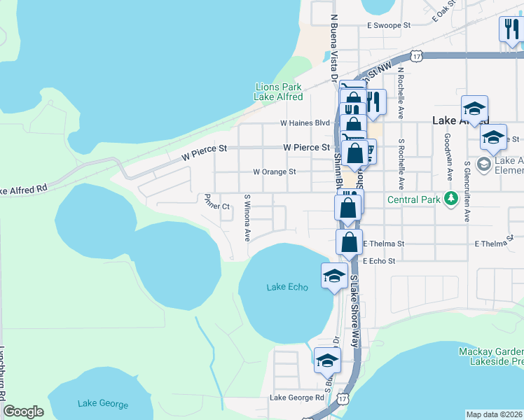 map of restaurants, bars, coffee shops, grocery stores, and more near 505 West Columbia Street in Lake Alfred
