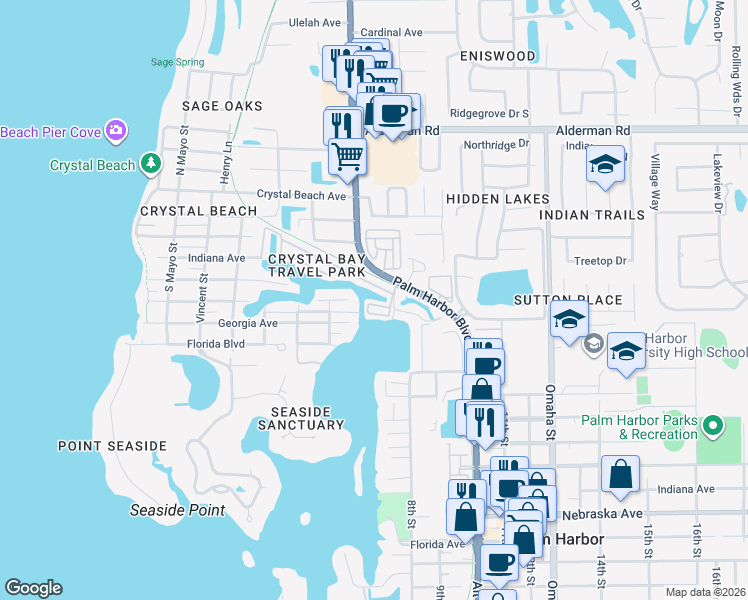 map of restaurants, bars, coffee shops, grocery stores, and more near 2043 Ketch Circle in Palm Harbor