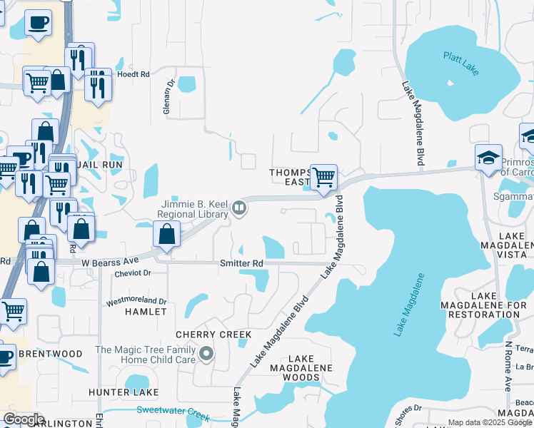 map of restaurants, bars, coffee shops, grocery stores, and more near 2626 West Bearss Avenue in Tampa