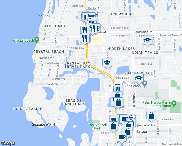 map of restaurants, bars, coffee shops, grocery stores, and more near 2043 Ketch Circle in Palm Harbor