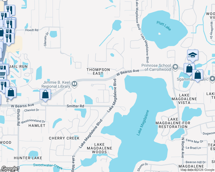 map of restaurants, bars, coffee shops, grocery stores, and more near 2402 West Bearss Avenue in Tampa