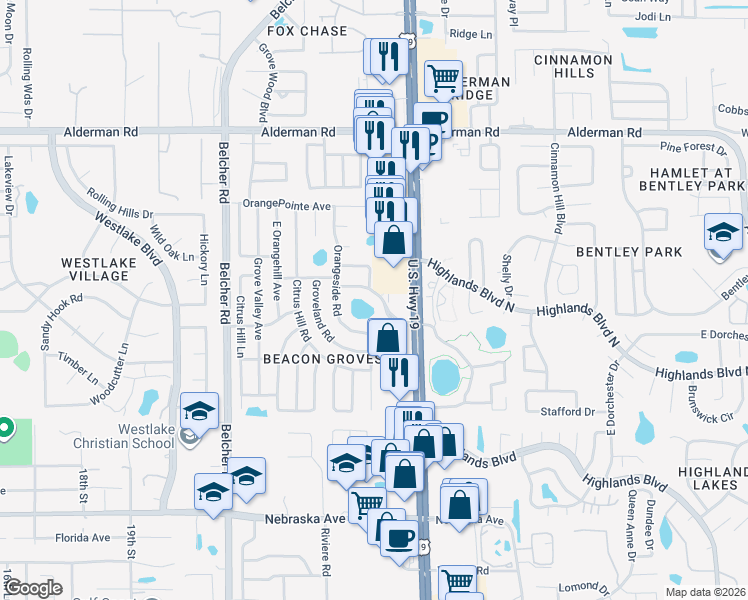 map of restaurants, bars, coffee shops, grocery stores, and more near 2460 Beacon Groves Boulevard in Palm Harbor