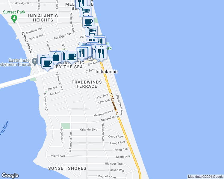 map of restaurants, bars, coffee shops, grocery stores, and more near 700 Wave Crest Avenue in Indialantic