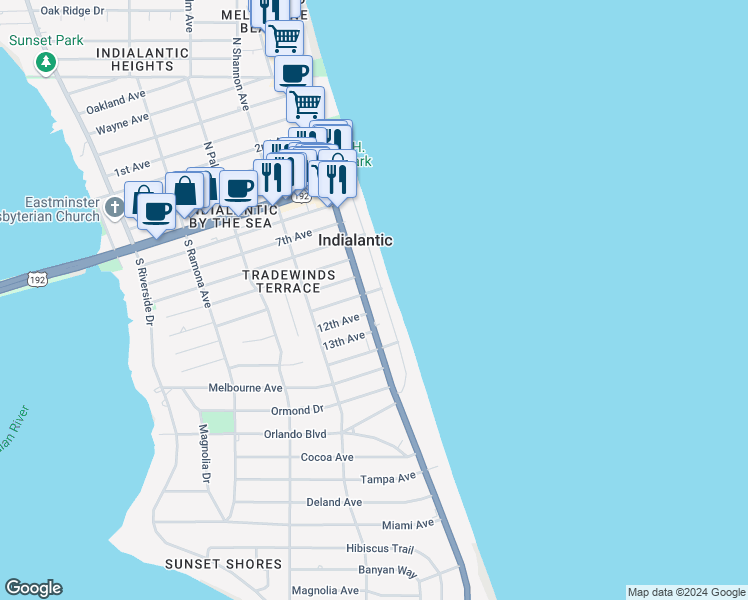 map of restaurants, bars, coffee shops, grocery stores, and more near 700 Wave Crest Avenue in Indialantic