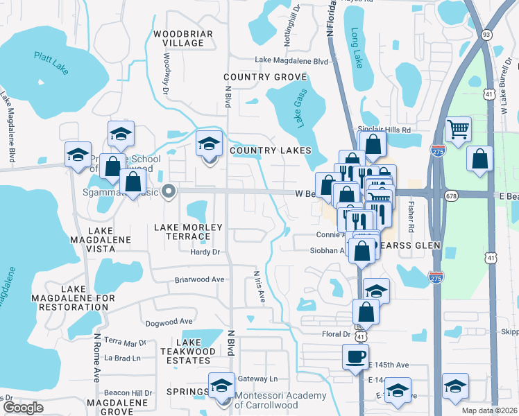 map of restaurants, bars, coffee shops, grocery stores, and more near 14963 Old Pointe Road in Tampa
