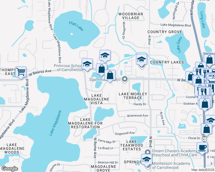 map of restaurants, bars, coffee shops, grocery stores, and more near 1401 Haven Bend in Tampa
