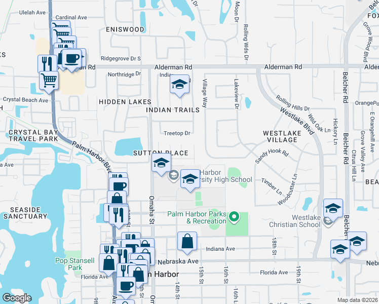 map of restaurants, bars, coffee shops, grocery stores, and more near 2154 Brent Place in Palm Harbor