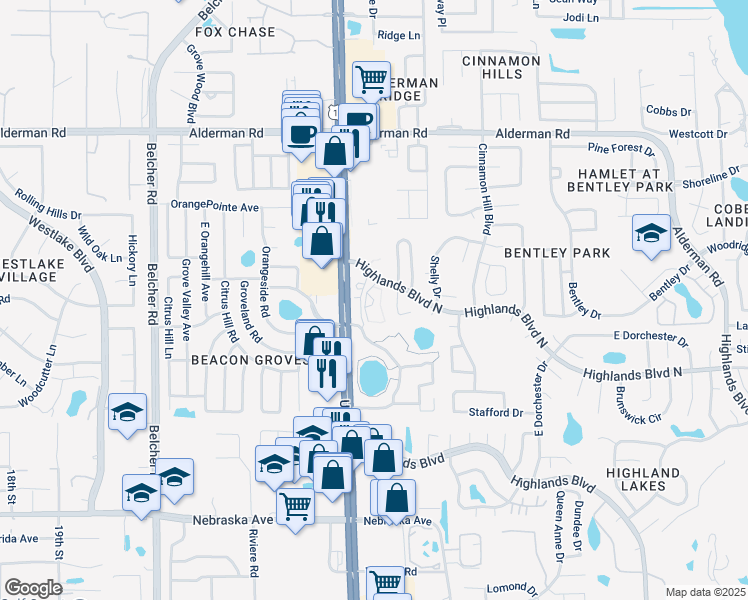 map of restaurants, bars, coffee shops, grocery stores, and more near D-1 in Palm Harbor
