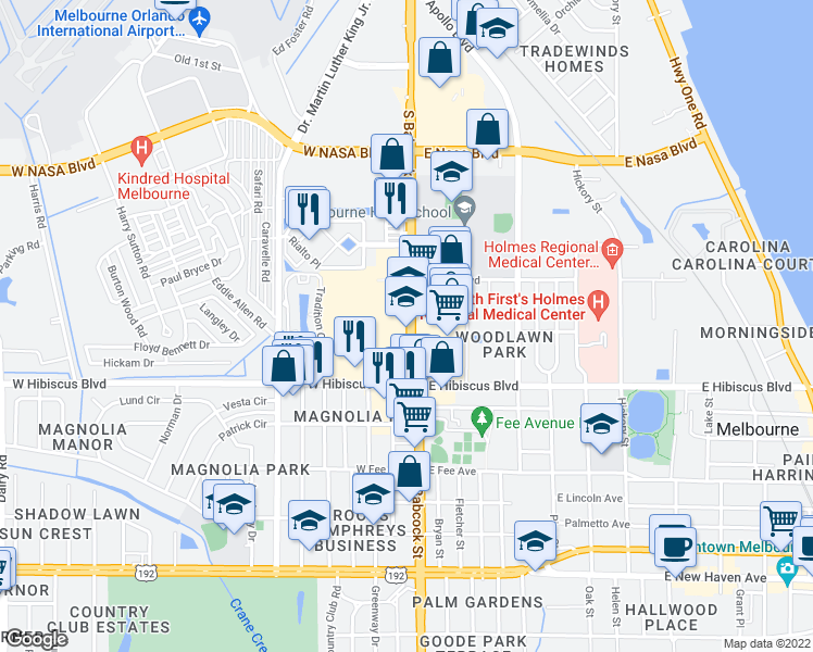 map of restaurants, bars, coffee shops, grocery stores, and more near 1362 South Babcock Street in Melbourne