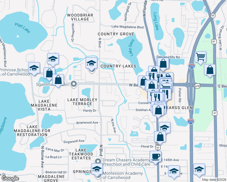 map of restaurants, bars, coffee shops, grocery stores, and more near 14963 Old Pointe Road in Tampa