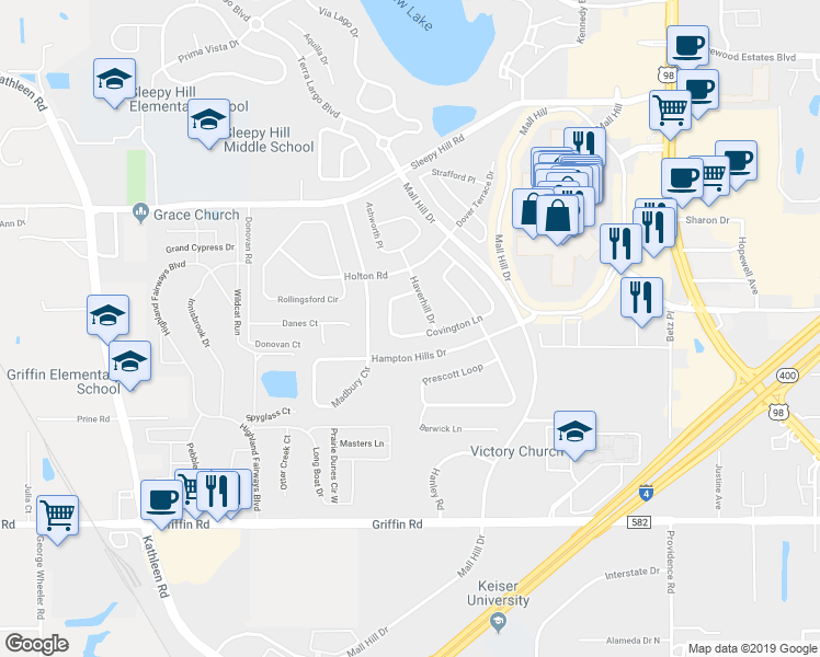 map of restaurants, bars, coffee shops, grocery stores, and more near 3676 Covington Lane in Lakeland