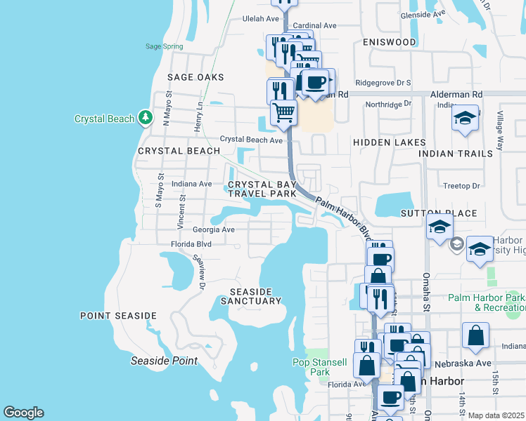 map of restaurants, bars, coffee shops, grocery stores, and more near 122 Lorraine Street in Palm Harbor
