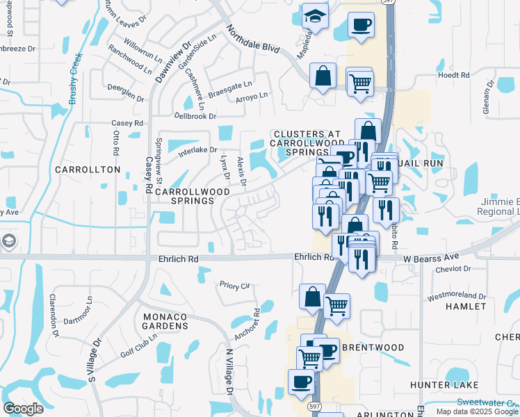map of restaurants, bars, coffee shops, grocery stores, and more near 14905 Arbor Springs Circle in Tampa