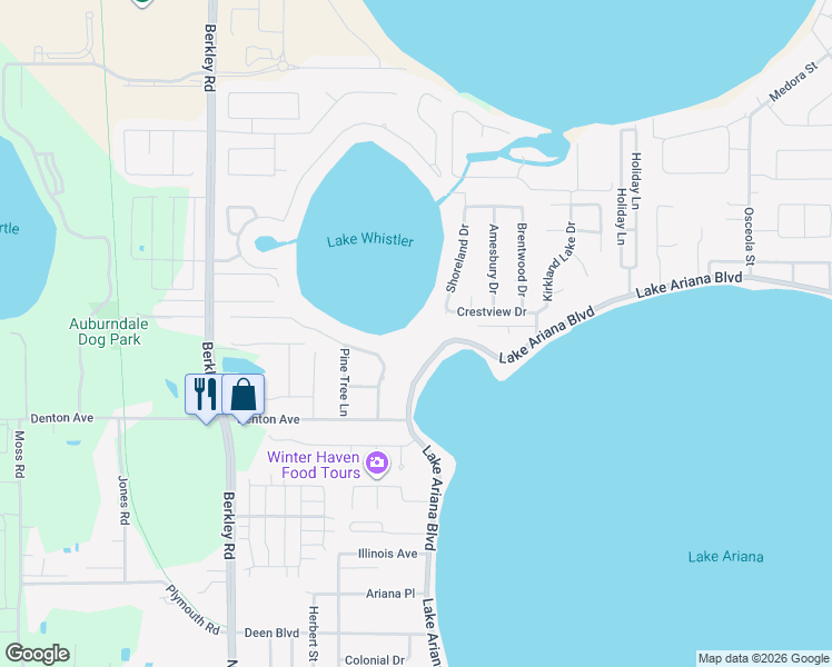 map of restaurants, bars, coffee shops, grocery stores, and more near 2066 Ariana Boulevard in Auburndale