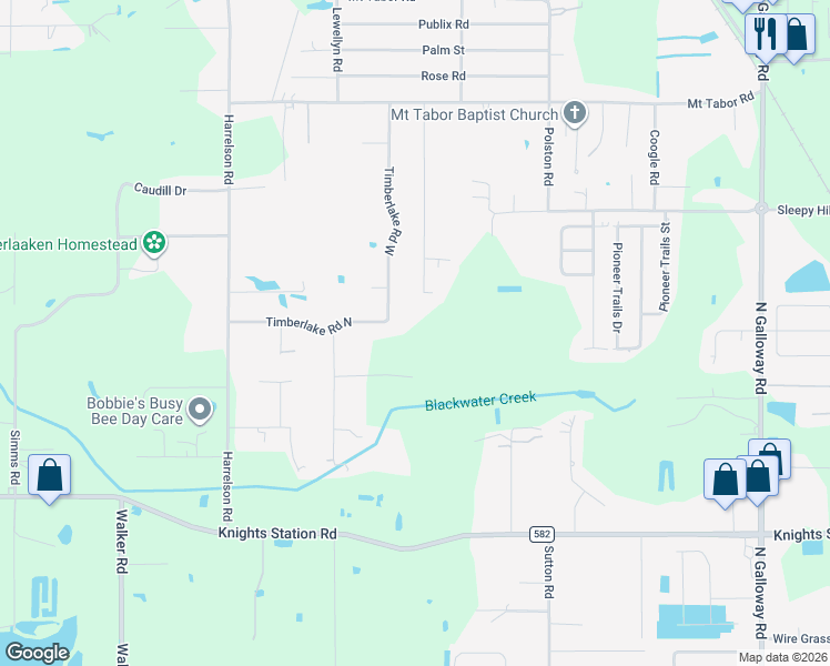 map of restaurants, bars, coffee shops, grocery stores, and more near 3606 Timberlake Road North in Lakeland