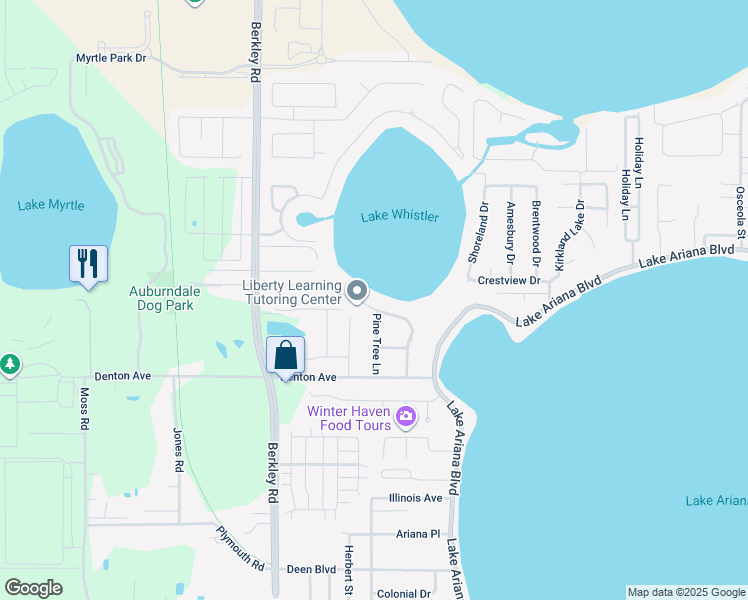map of restaurants, bars, coffee shops, grocery stores, and more near 128 Lakeview Drive in Auburndale