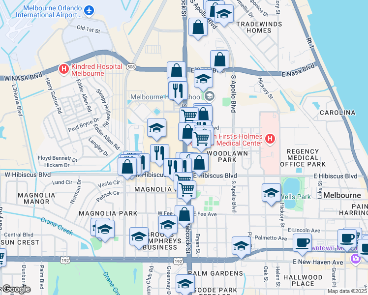 map of restaurants, bars, coffee shops, grocery stores, and more near 1362 South Babcock Street in Melbourne