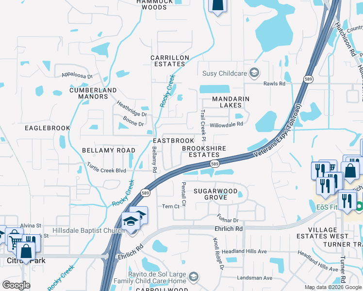 map of restaurants, bars, coffee shops, grocery stores, and more near 15011 Greeley Drive in Tampa