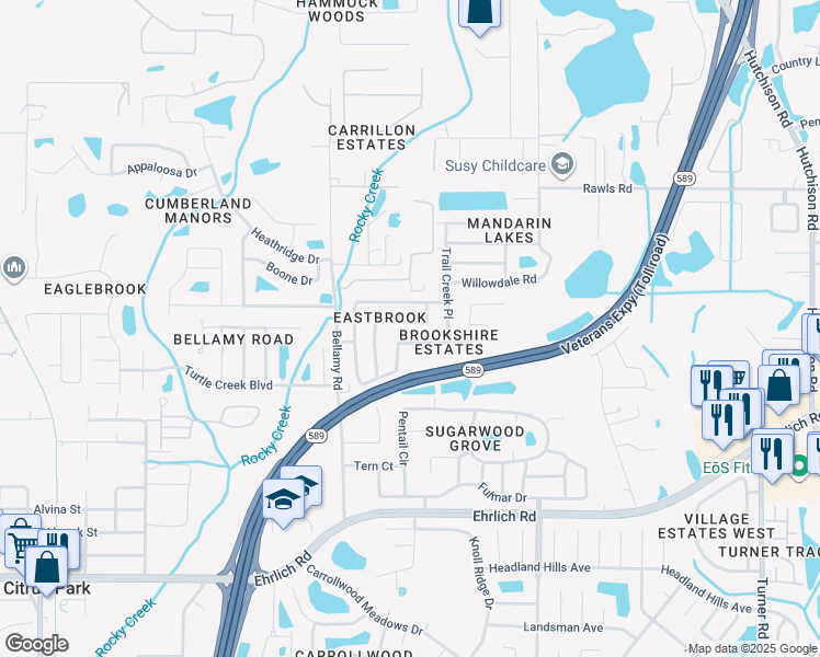 map of restaurants, bars, coffee shops, grocery stores, and more near 15011 Greeley Dr in Tampa