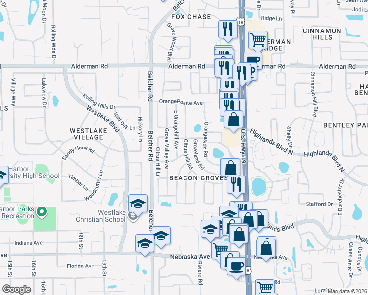 map of restaurants, bars, coffee shops, grocery stores, and more near 2160 Citrus Hill Road in Palm Harbor