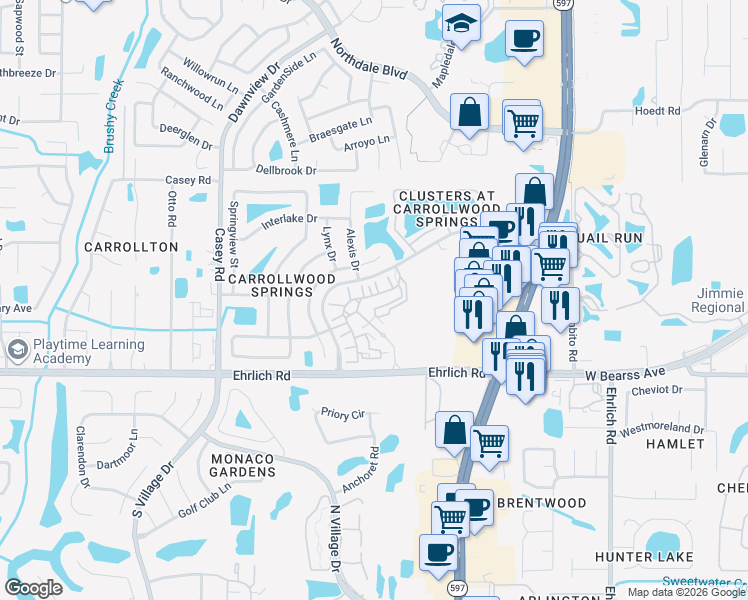 map of restaurants, bars, coffee shops, grocery stores, and more near 15001 Arbor Springs Circle in Tampa