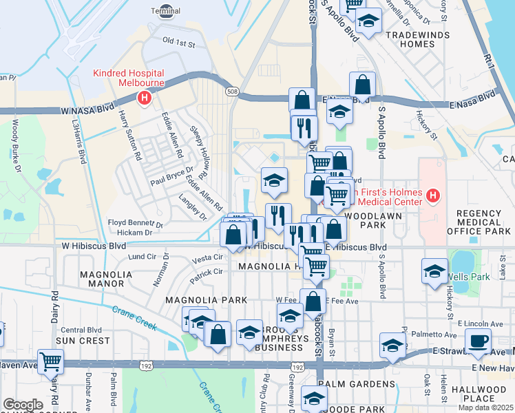 map of restaurants, bars, coffee shops, grocery stores, and more near 1425 Tradition Circle in Melbourne