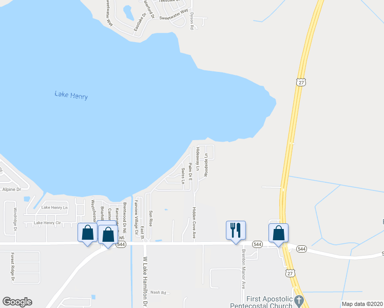 map of restaurants, bars, coffee shops, grocery stores, and more near 376 Lakeside Ranch Circle in Winter Haven