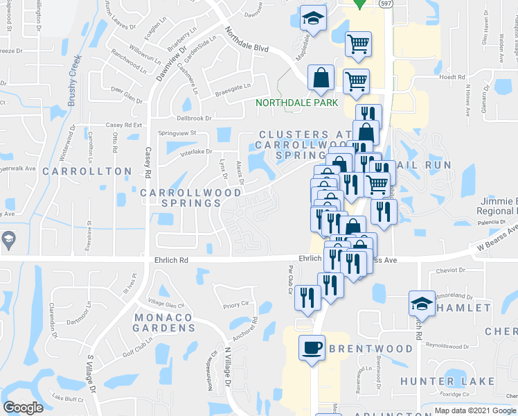 map of restaurants, bars, coffee shops, grocery stores, and more near 14925 Arbor Reserve Circle in Tampa