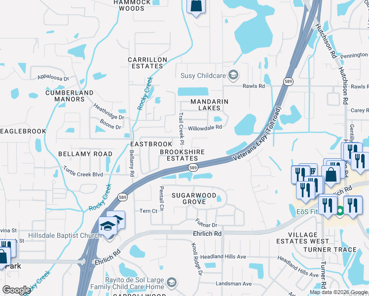 map of restaurants, bars, coffee shops, grocery stores, and more near 15009 Trail Creek Place in Tampa