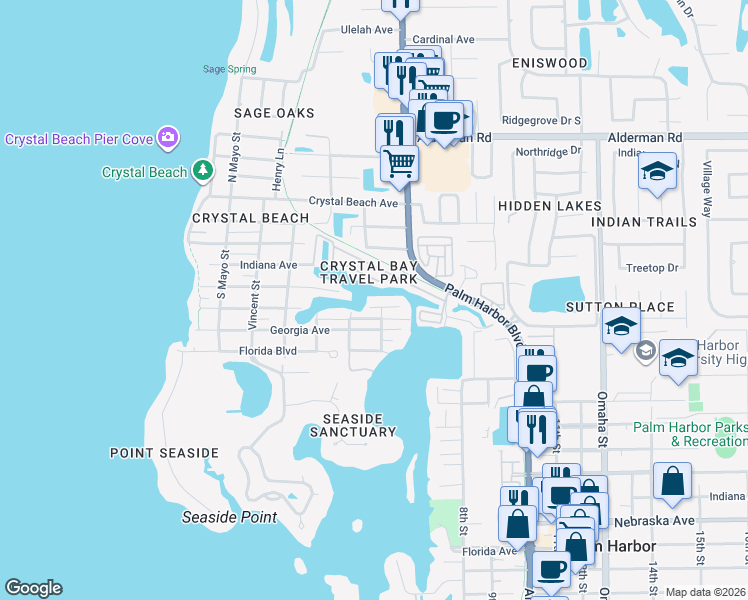 map of restaurants, bars, coffee shops, grocery stores, and more near 122 Lorraine Street in Palm Harbor