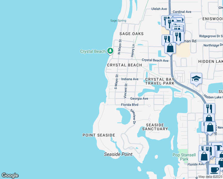 map of restaurants, bars, coffee shops, grocery stores, and more near 505 South Mayo Street in Palm Harbor