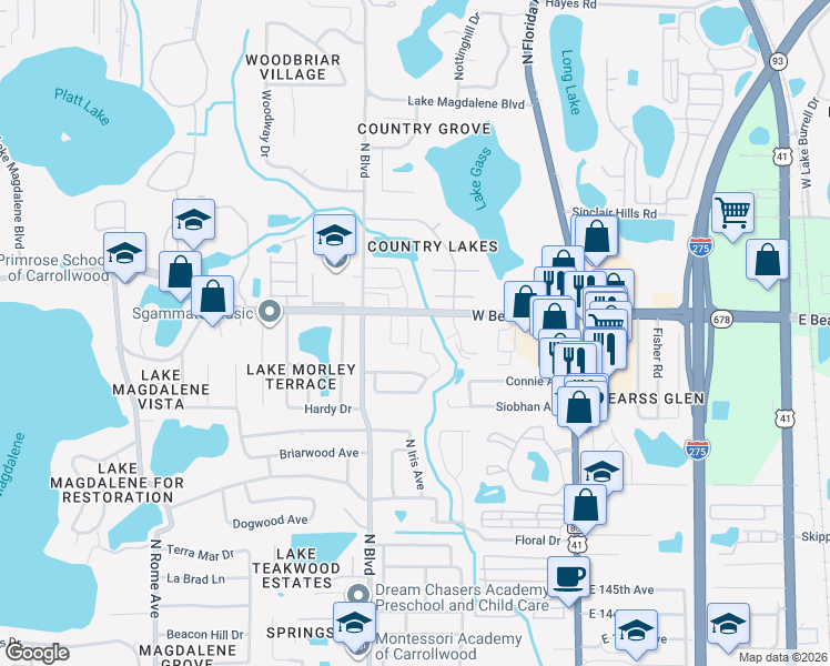 map of restaurants, bars, coffee shops, grocery stores, and more near 14963 Old Pointe Road in Tampa